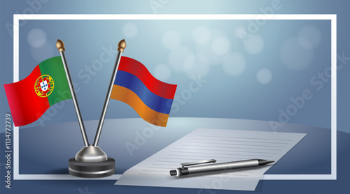 Portugal and Armenia National flags on small table with bokeh background, cooperative relationship