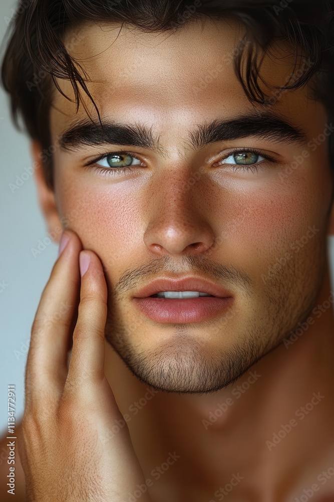 Close-up portrait of a young man with striking green eyes and tousled hair showcasing a contemplative expression in a natural light setting