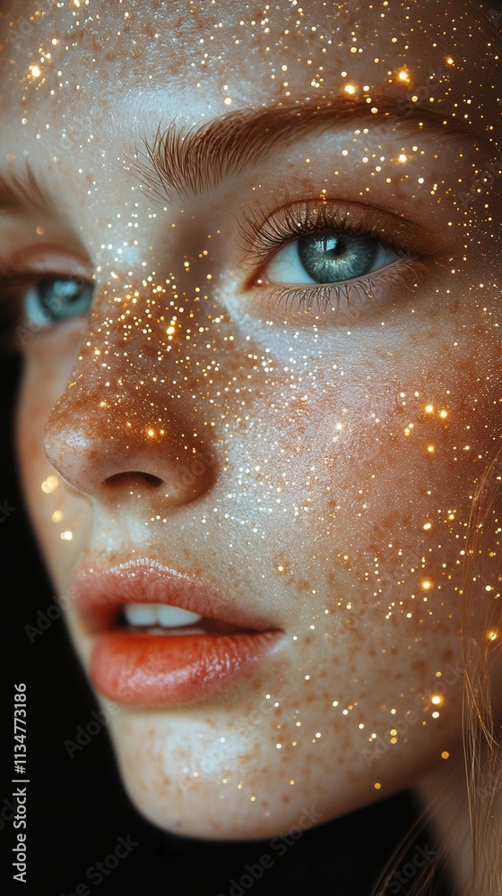 Sparkling skin art enhances the captivating features of a young woman with blue eyes in a soft light setting at twilight Sparkling skin art enhances the captivating features of a young woman with blue eyes in a soft light setting at twilight