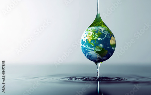 A captivating visual representation of our planet suspended in a droplet, symbolizing the importance of water and environmental conservation for sustainable future generations.