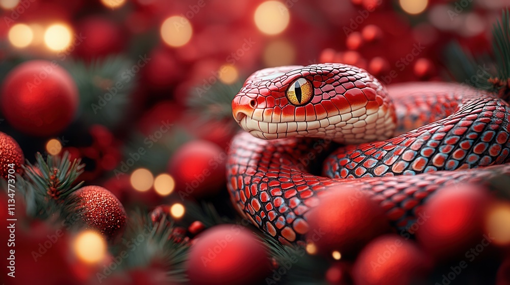 Vibrant red snake resting among festive decorations and ornaments during a holiday celebration Vibrant red snake resting among festive decorations and ornaments during a holiday celebration