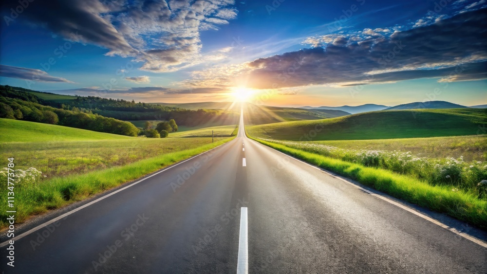 Naklejka premium A scenic paved road winds through rolling hills, bathed in the warm glow of a sunset, leading towards a horizon filled with hope and promise.