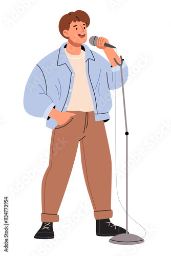 A guy performs with a microphone. A singer or comedian.Stand up comedian performance,speaks at a conference