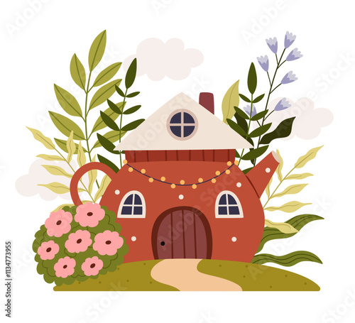 A fairy-tale house in the shape of a teapot.Cartoon fantasy house.