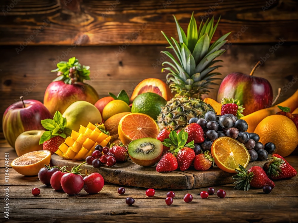 Captivating Low Light Photography of Chopped Fruits Displayed on a Rustic Wooden Table with Soft Shadows and Warm Tones, Perfect for Culinary and Healthy Lifestyle Themes Captivating Low Light Photography of Chopped Fruits Displayed on a Rustic Wooden Table with Soft Shadows and Warm Tones, Perfect for Culinary and Healthy Lifestyle Themes