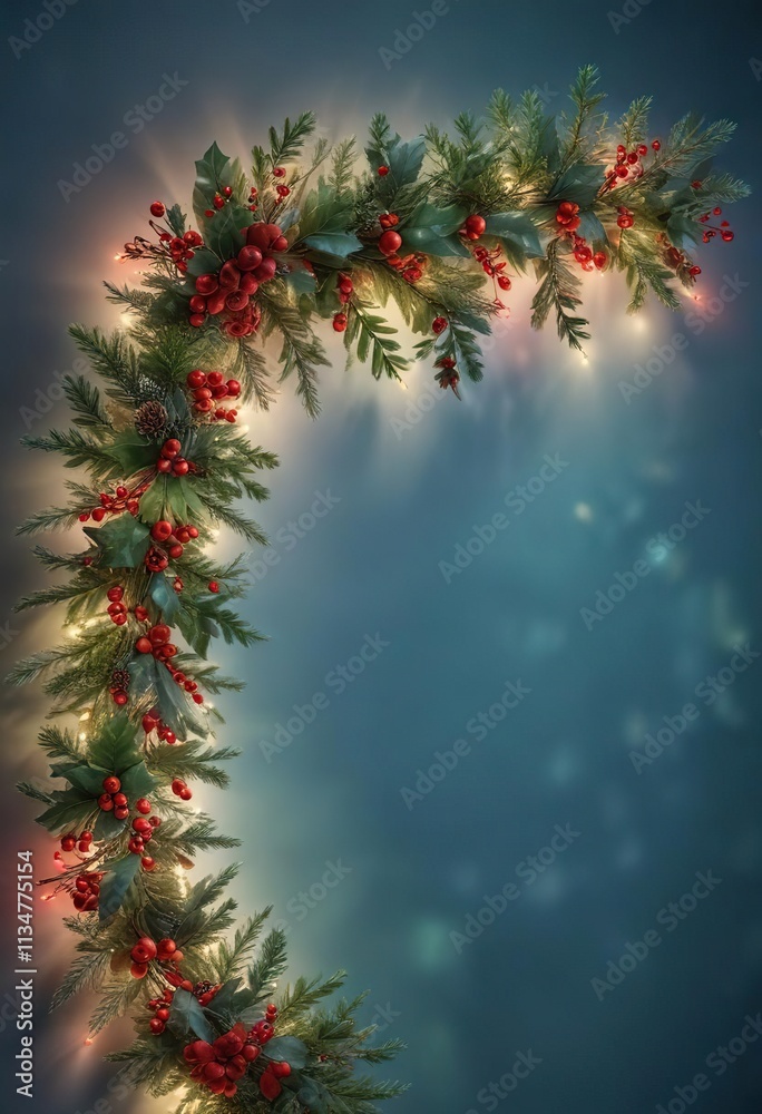 Festive garland made of evergreen branches and holly in shades of green and red adorns a soft blue backdrop amidst sparkling Christmas lights , pine, holly