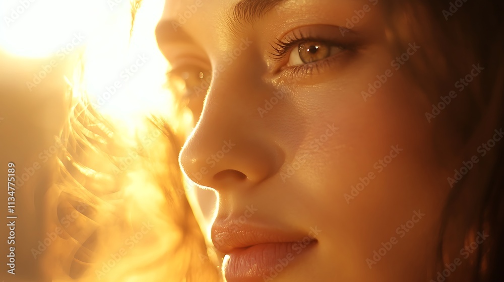 Golden Sunlight Illuminates Young Womans Face Features Golden Sunlight Illuminates Young Womans Face Features