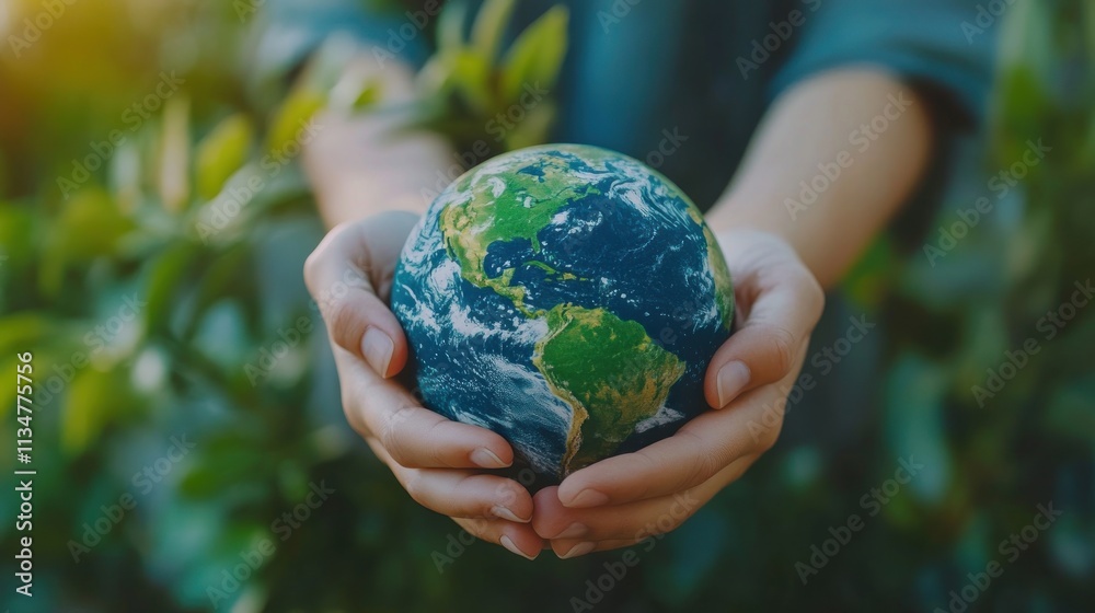 Gentle hands hold a small globe representing Earth Gentle hands hold a small globe representing Earth