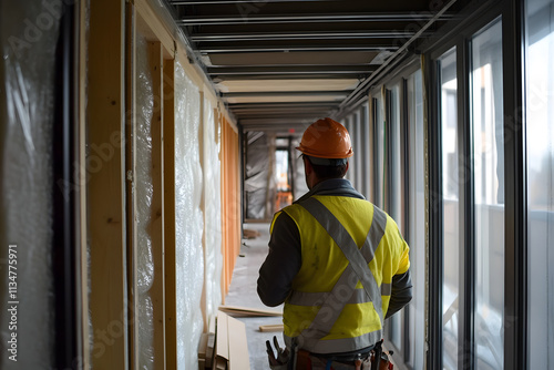 Construction worker standing in a floor and insulating walls. heat insulation photo