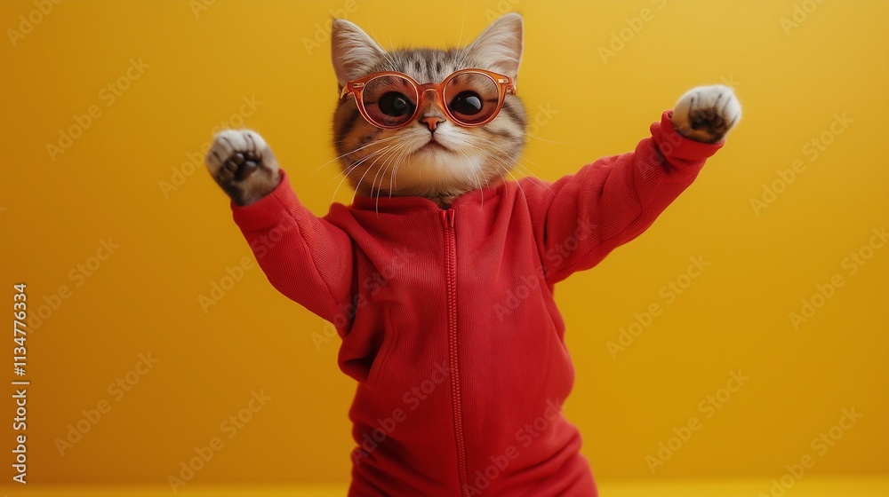 Fototapeta premium Cat wearing red clothes dancing on the yellow background