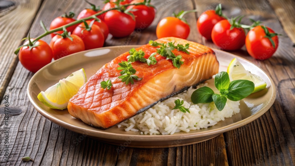 Grilled salmon and rice dish with tomato and French cuisine presentation, salmon, grilled, rice, French, cuisine, tomato Grilled salmon and rice dish with tomato and French cuisine presentation, salmon, grilled, rice, French, cuisine, tomato