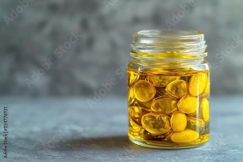 Close-up view of yellow ret counsel oil in a short clear jar, set against a muted grey backdrop to enhance the oil's vibrant color. photo