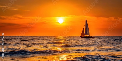 A sailboat sails through the golden light of the setting sun, casting a warm glow on the rippling ocean surface.