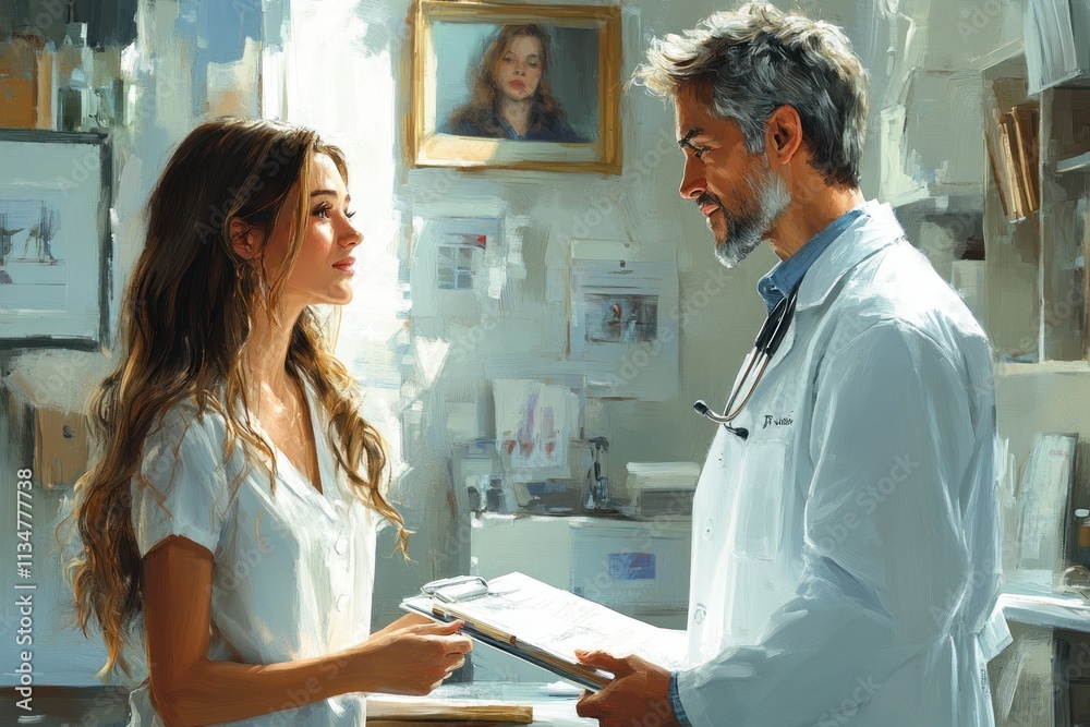 Doctor Consults with Patient in Modern Clinic Setting about Health and Ultrasound Doctor Consults with Patient in Modern Clinic Setting about Health and Ultrasound