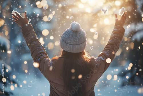 The woman rejoices at the beginning of winter and the first snow. Back view of woman enjoying walking in snowy forest, raising hands, throwing snow