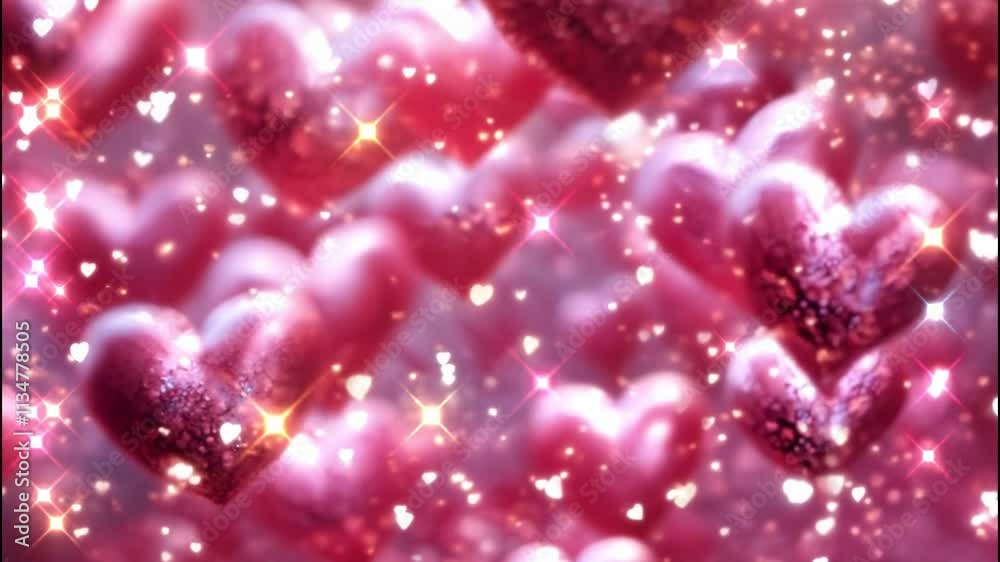 Glittery pink heart-shaped decorations with sparkling background. Love, romantic and festive vibe concept.