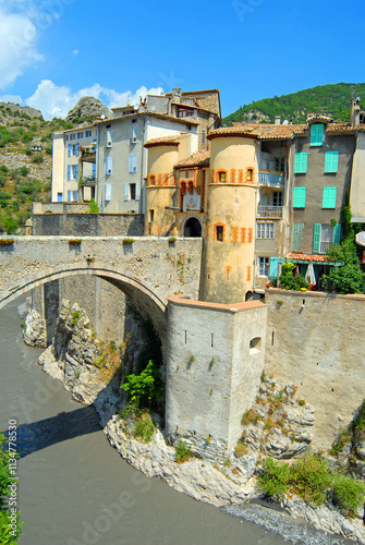 The medieval town gate in Entrevaux, Alpes-de-Haute-Provence, Provence-Alpes-Cote d'Azur, Southern France, France,