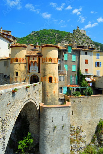 The medieval town gate in Entrevaux, Alpes-de-Haute-Provence, Provence-Alpes-Cote d'Azur, Southern France, France,