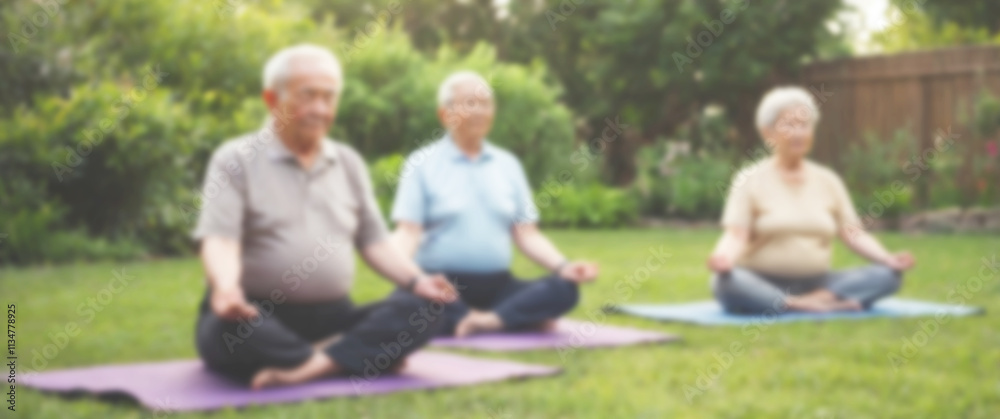 Blurred background of an elderly person performing a yoga stretch in a natural park setting, blurred background, yoga, retire Blurred background of an elderly person performing a yoga stretch in a natural park setting, blurred background, yoga, retire