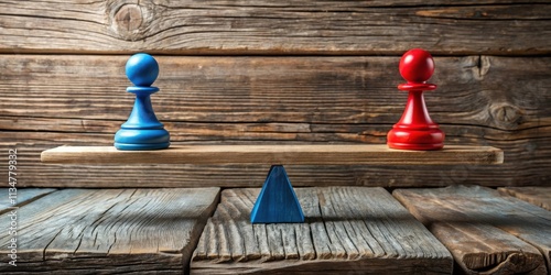 A wooden seesaw balanced by red and blue chess pieces on a weathered wooden background