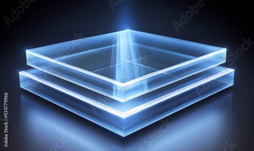 Stacked translucent blue squares, light beam, dark background.