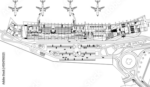 Vector sketch illustration of silhouette design of site plan layout of airport construction building with plane.eps