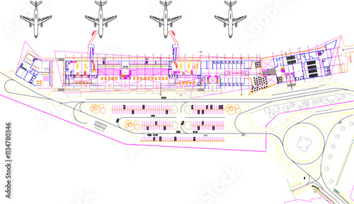 Vector sketch illustration of silhouette design of site plan layout of airport construction building with plane.eps