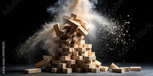 Explosion of jenga toy on black background, jenga, game, wood, blocks, collapse, topple, challenge, risk, danger, destruction photo
