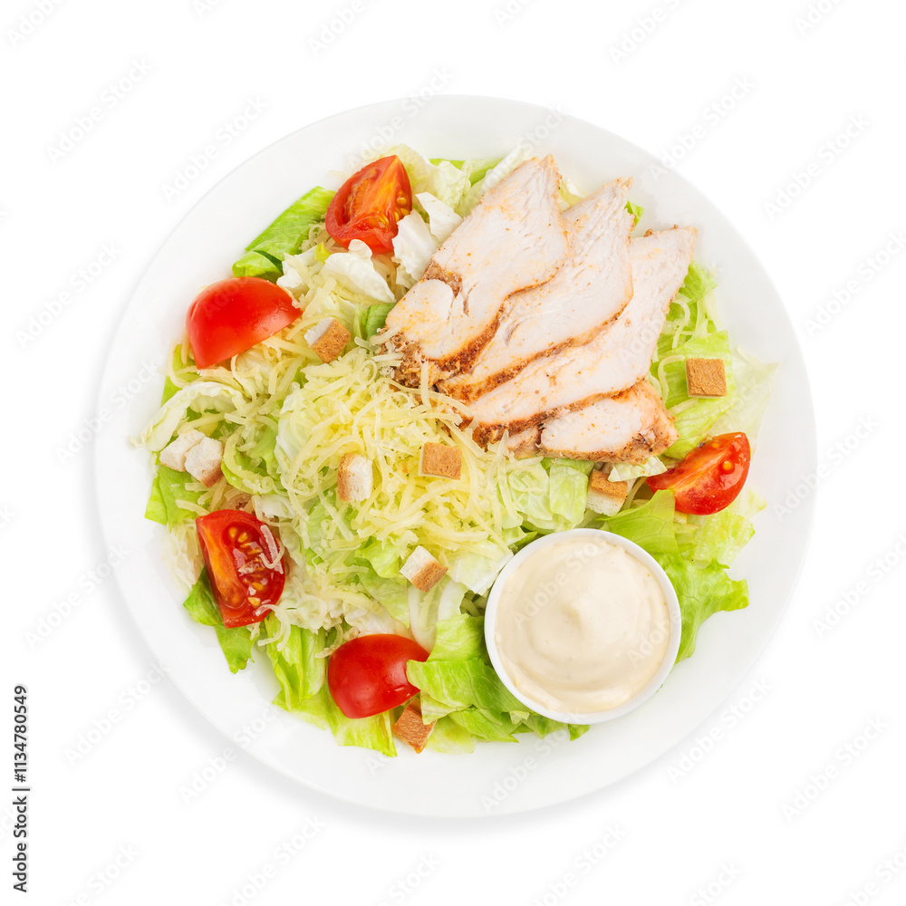Caesar salad with chicken and fresh vegetables, top view, on a white background, isolated. Caesar salad with chicken and fresh vegetables, top view, on a white background, isolated.