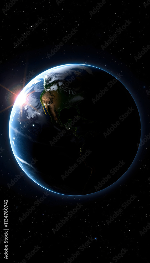 Fototapeta premium earth in space against the sun, detailed, with white tones