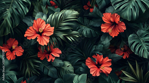 Lush tropical foliage with vibrant red hibiscus flowers.