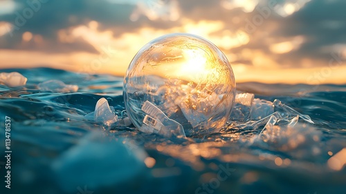 A bubble on the ocean, contrasting with surrounding plastic debris, symbolizing hope and the fight against ocean pollution.