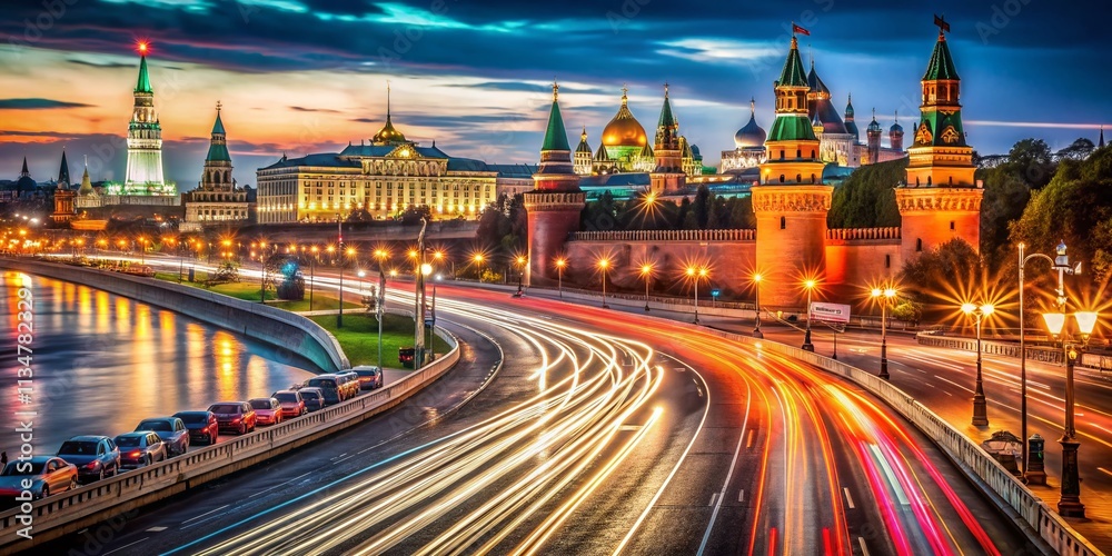 Obraz premium Captivating Moscow Night Traffic Time Lapse: A Stunning Display of City Lights and Motion in the Heart of Russia's Capital Captured in Dynamic Product Photography