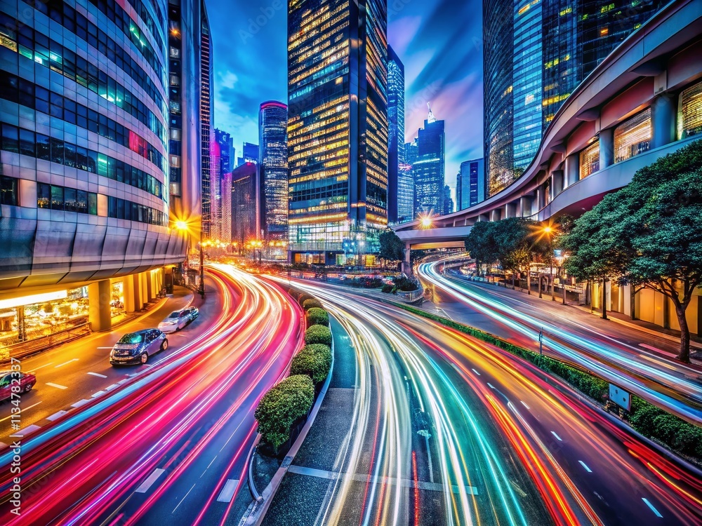 Captivating Motion Blur of a Curved Lane in an Urban Setting Showcasing Dynamic City Life and Movement at Night Captivating Motion Blur of a Curved Lane in an Urban Setting Showcasing Dynamic City Life and Movement at Night