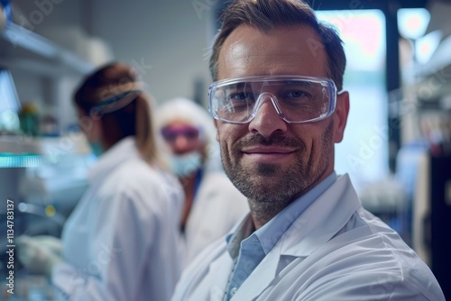 A scientist wearing protective glasses stands proudly in a laboratory while two colleagues conduct experiments in the background, showcasing teamwork and professionalism. photo