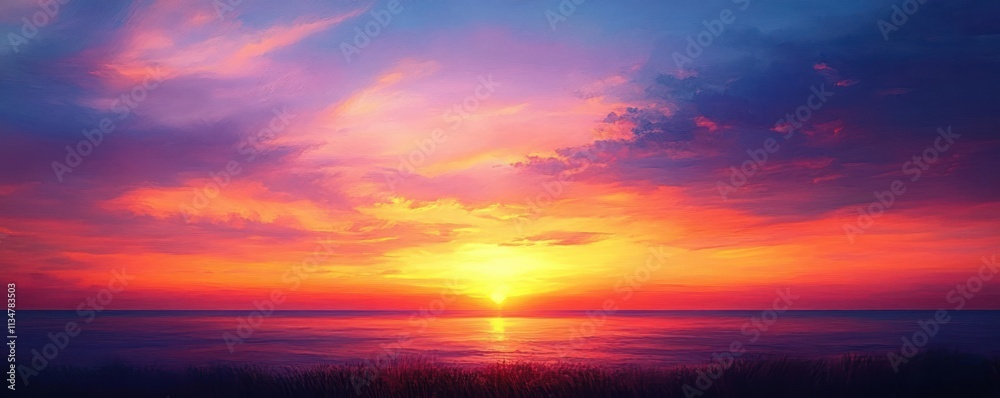Fototapeta premium Vibrant sunset sky with orange purple clouds uplifting tranquility peaceful nature summer evening fantasy panoramic