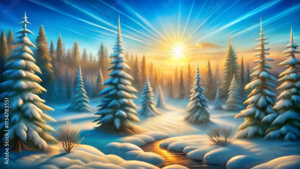 Winter sunrise casting warm light through frosty pine trees, snow-covered ground, soft morning mist, photorealistic Winter sunrise casting warm light through frosty pine trees, snow-covered ground, soft morning mist, photorealistic