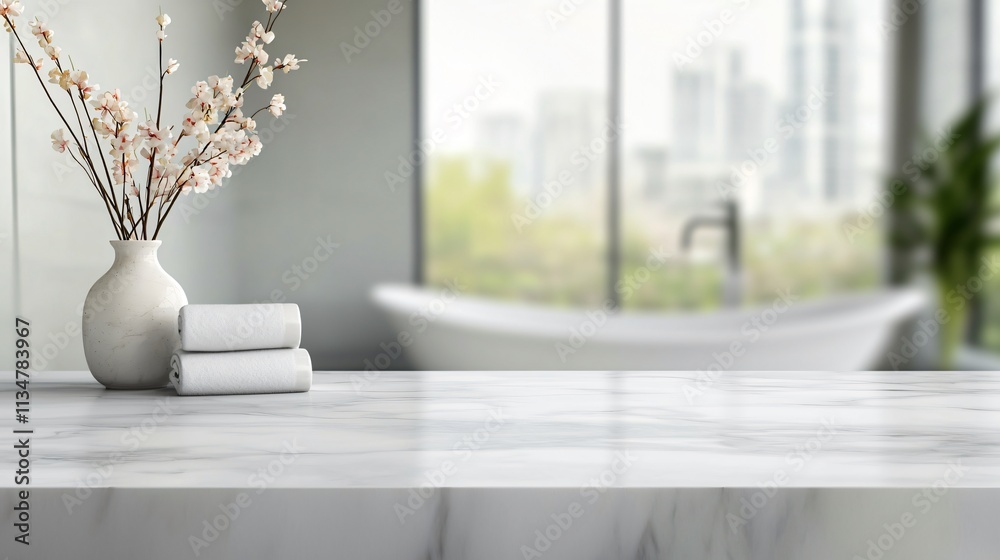 Modern bathroom scene with a marble countertop, vase, flowers, and a serene view through large windows. Modern bathroom scene with a marble countertop, vase, flowers, and a serene view through large windows.