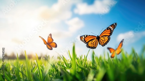 Young green juicy grass and fluttering butterflies in nature against blue spring sky with white clouds. Spring nature panorama.