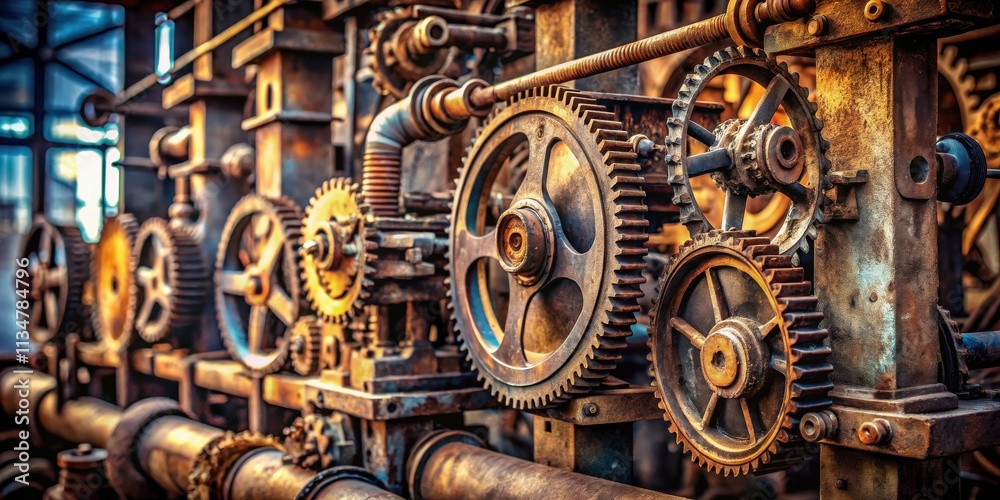 A close-up of a series of gears on an industrial machine, showcasing intricate detail and the weathered patina of age A close-up of a series of gears on an industrial machine, showcasing intricate detail and the weathered patina of age