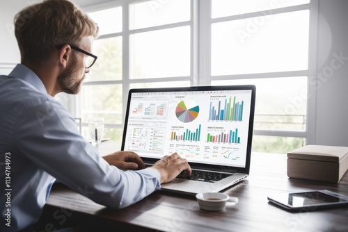 Individual analyzing digital marketing analytics on laptop with charts and engagement tools