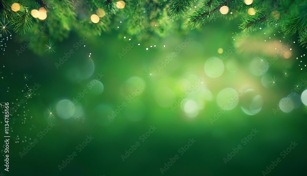 Abstract green and gold particle background with Christmas golden light bokeh, festive holiday background