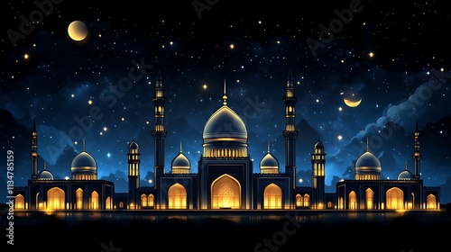 Illuminated mosque at night under starry sky. (1) photo