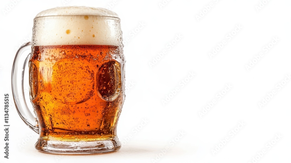 Refreshing Cold Beer in a Glass Mug with Frothy Foam and Bubbles Set Against a Clean White Background for Beverage or Culinary Related Concepts Refreshing Cold Beer in a Glass Mug with Frothy Foam and Bubbles Set Against a Clean White Background for Beverage or Culinary Related Concepts