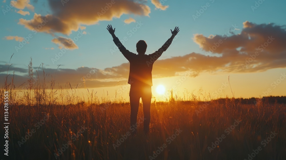 Young man raises his hands at sunset. silhouette concept Young man raises his hands at sunset. silhouette concept