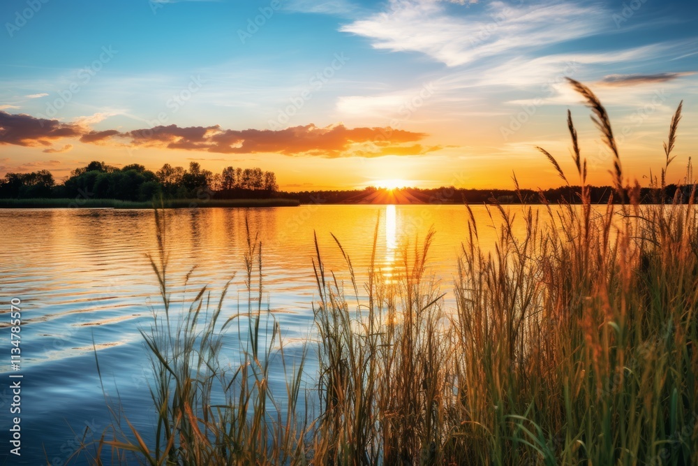 Tranquil lake scene with tall grasses and a beautiful sunset reflecting on the water s surface Tranquil lake scene with tall grasses and a beautiful sunset reflecting on the water s surface