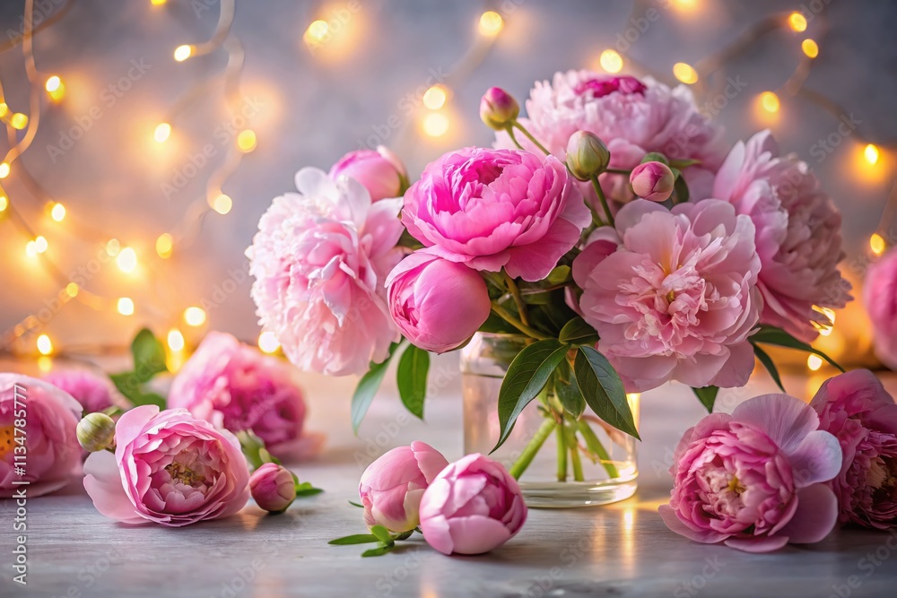 Obraz premium Captivating Night Photography of Lush Pink Peonies Set Against a Crisp White Background, Highlighting Their Delicate Petals and Vibrant Colors for a Stunning Visual Experience