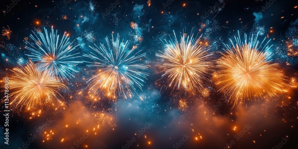 Naklejka premium Fireworks Celebration New Year Night Event Crowd Blue Gold Cheerful Party