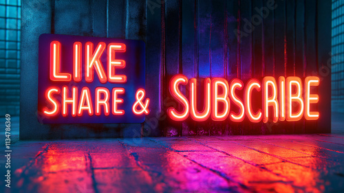 Neon sign encouraging interaction with a channel in a dimly lit urban environment