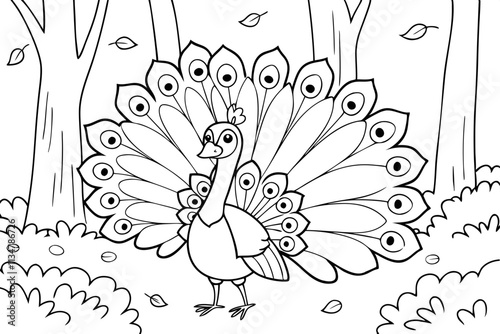 Majestic Peacock in Autumn Forest Coloring Page Illustration